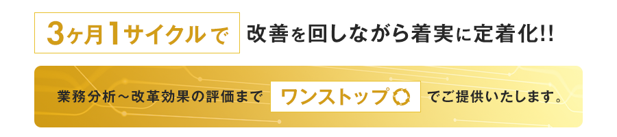 3ヶ月１サイクルで改善を回しながら着実に定着化!!|業務分析〜改革効果の評価までワンストップでご提供いたします。